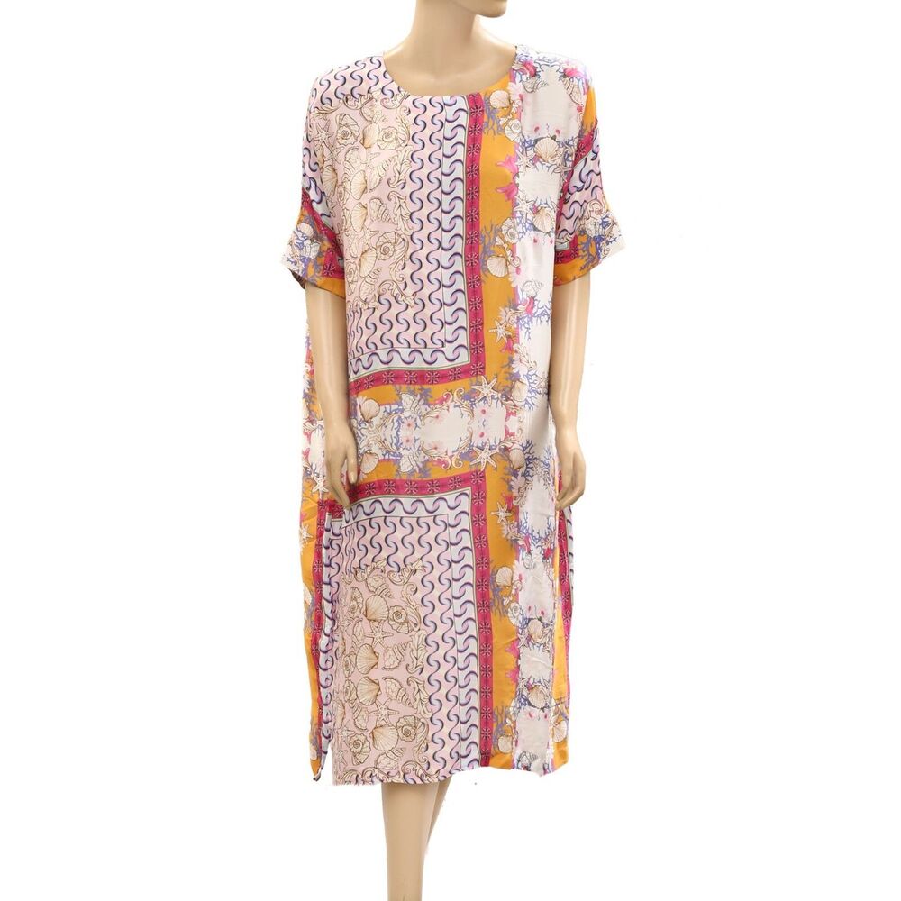 FrogBox Seashell Wave Floral Printed Midi Dress Kaftan Kimono Beach S 278222